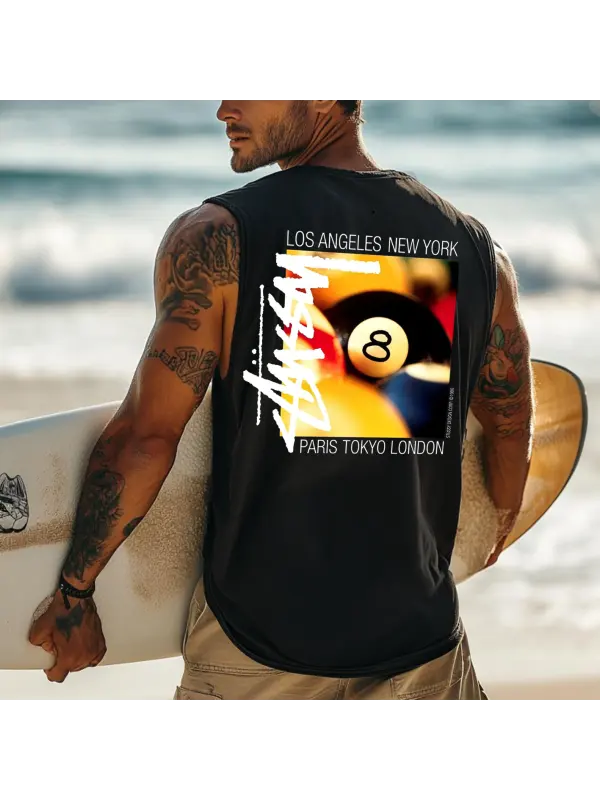 Men's Vintage Surfing Oversized Street Style Black8 Ball Print Tank Top - Ootdmw.com 