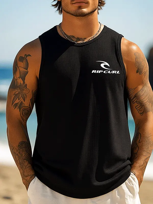 Men's Black Waffle Sleeveless Muscle Tank Top For Beach And Casual Wear - Pragmaace.com 