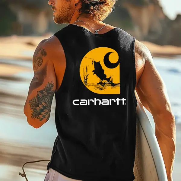Men's Vintage Surfing Fishing Print Round Neck Sleeveless Tank Top - Wayrates.com 