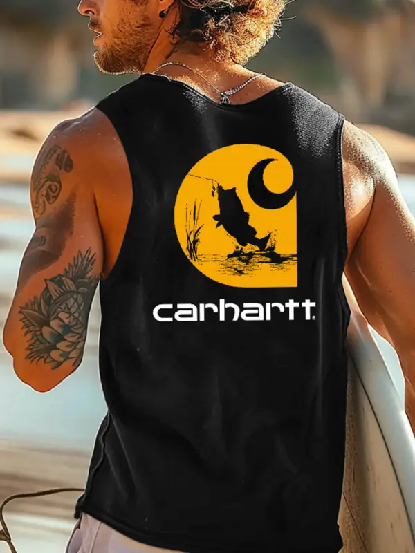 Men's Vintage Surfing Fishing Print Round Neck Sleeveless Tank Top - Menwyx.com 