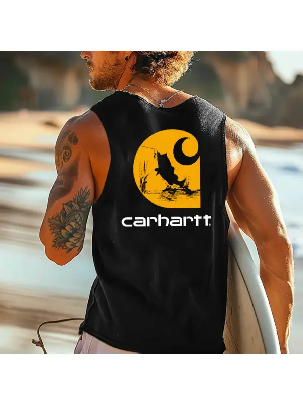 Men's Vintage Surfing Fishing Print Round Neck Sleeveless Tank Top - Shopyiyistories.com 