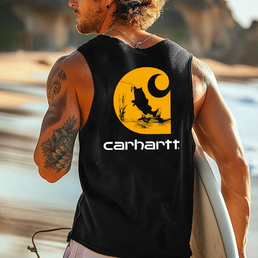 

Men's Vintage Surfing Fishing Print Round Neck Sleeveless Tank Top