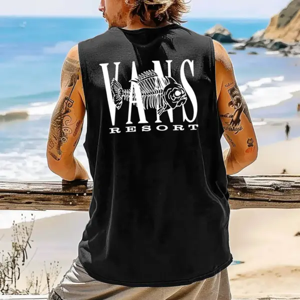 Men's Vintage Surfing Fish Bone Print Round Neck Sleeveless Tank Top - Wayrates.chimpone.com 
