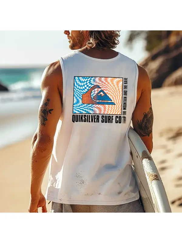 Men's Vintage Surfing Co Mountain Print Round Neck Sleeveless Tank Top - Aptkoi.com 