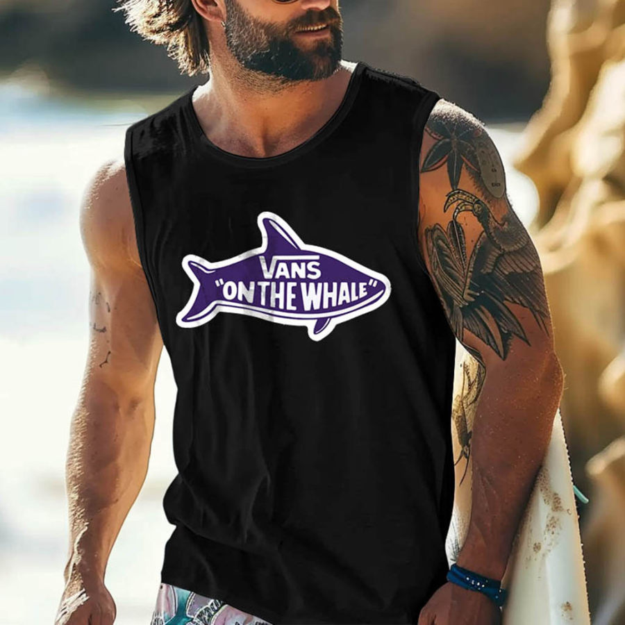 

Men's Vintage Surfing On The Whale Print Round Neck Sleeveless Tank Top