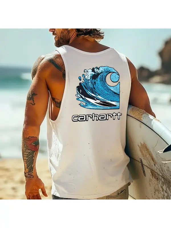 Men's Vintage Surfing Print Round Neck Sleeveless Tank Top - Ootdmw.com 