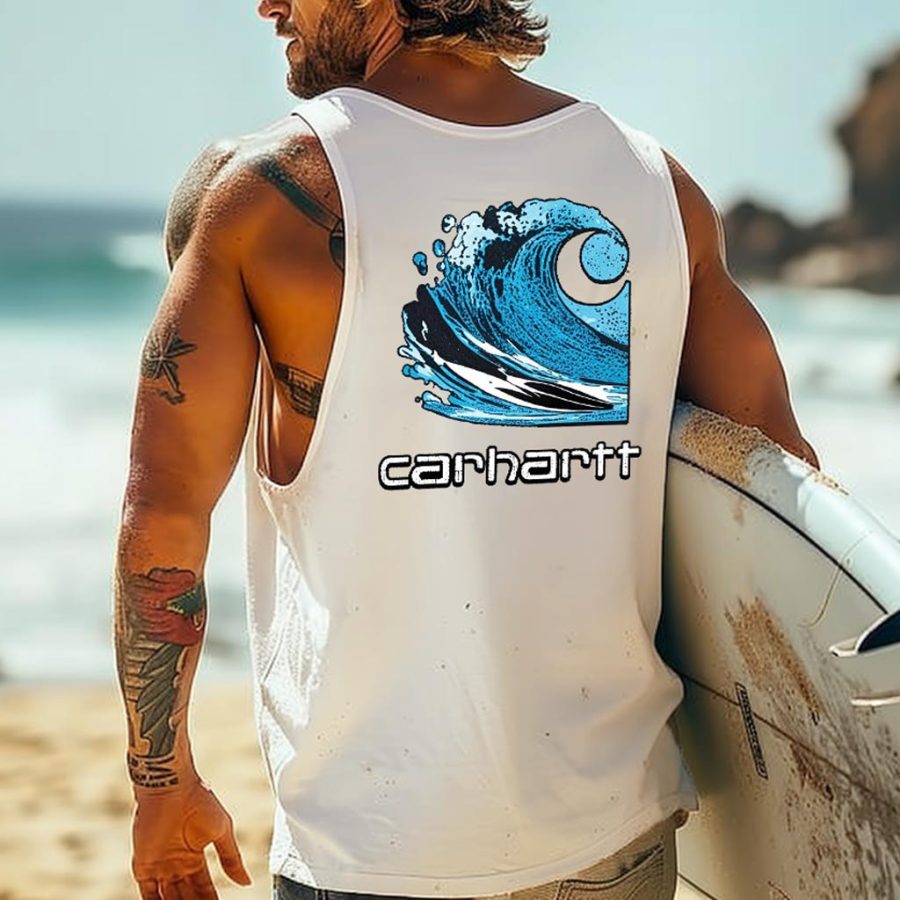 

Men's Vintage Surfing Print Round Neck Sleeveless Tank Top