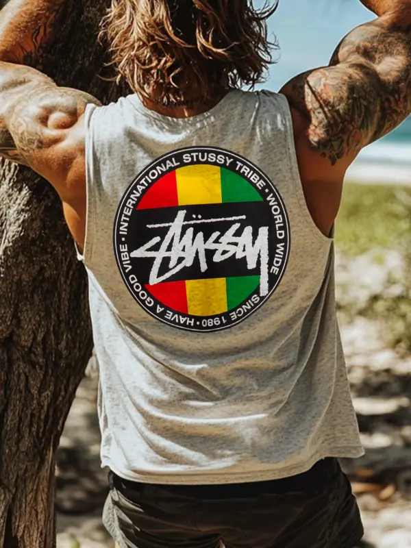Men's Vintage Surfing Oversized Street Style Skull Print Light Flower Gray Tank Top - Simplyion.com 