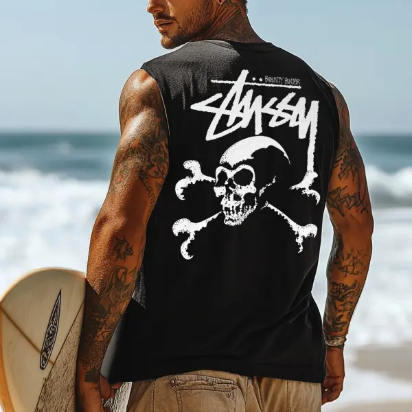 Men's Vintage Surfing Oversized Street Style Skull Print Tank Top - Menzfolk.com 
