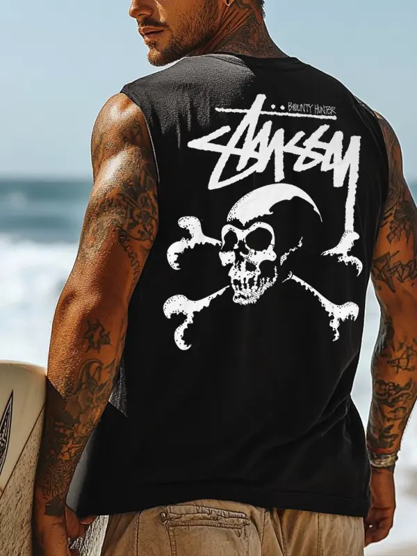 Men's Vintage Surfing Oversized Street Style Skull Print Tank Top - Simplyion.com 