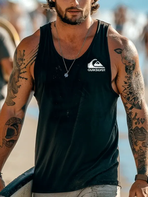Men's Sleeveless Beach Tank Top With Bold Tattoo-Inspired Design - Menwyx.com 
