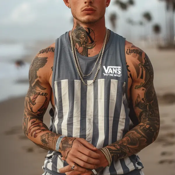 Striped Tank Top With Bold Tattoo-Inspired Design - Wayrates.com 
