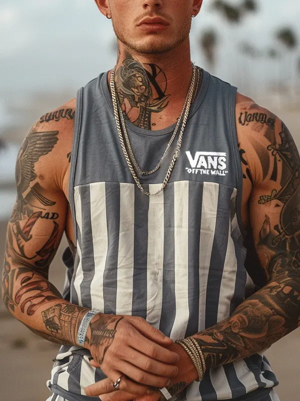 Striped Tank Top With Bold Tattoo-Inspired Design - Wantbright.com 
