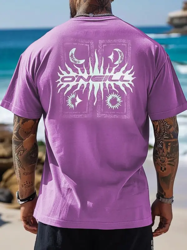 Men's Retro Surfing Graphic Sweet Grape Moon Sun Print Short Sleeve Round Neck T-Shirt - Menwyx.com 
