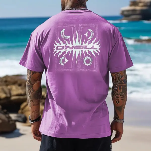 Men's Retro Surfing Graphic Sweet Grape Moon Sun Print Short Sleeve Round Neck T-Shirt - Spiretime.com 