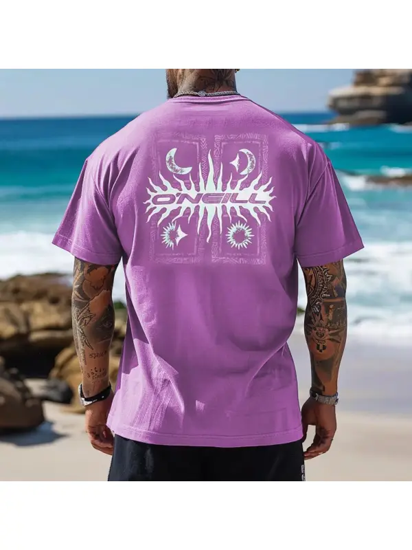 Men's Retro Surfing Graphic Sweet Grape Moon Sun Print Short Sleeve Round Neck T-Shirt - Anrider.com 