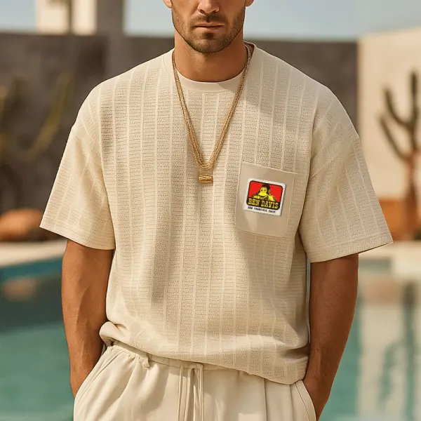 Ben Davis Casual Summer T-Shirt With Embroidered Patch And Gold Chain Necklace Set - Wayrates.com 