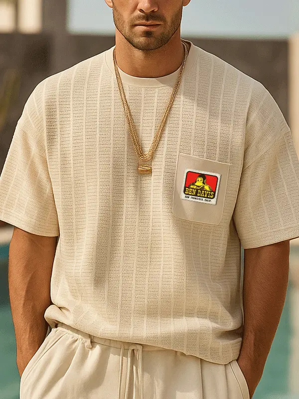 Casual Summer T-Shirt With Embroidered Patch And Gold Chain Necklace Set - Menwyx.com 