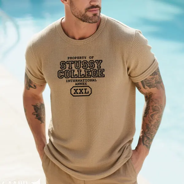 Men's Retro Waffle Surfwalk Graphic Logo Prints T-Shirt Khaki - Wayrates.com 