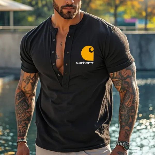 Men's Vintage Henley Graphic Logo PrintT-Shirt Black - Wayrates.com 