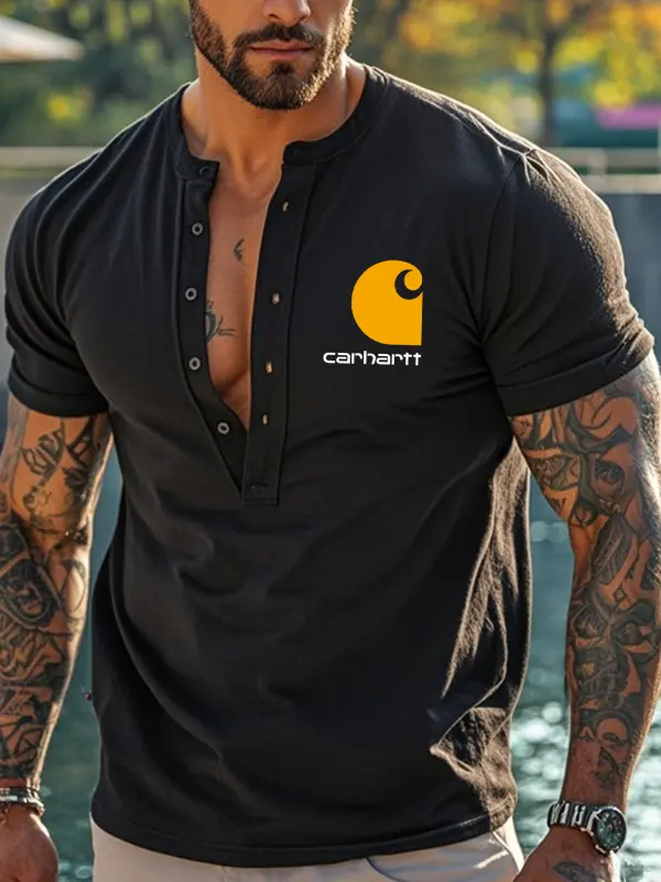 Men's Vintage Henley Graphic Logo PrintT-Shirt Black - Menwyx.com 