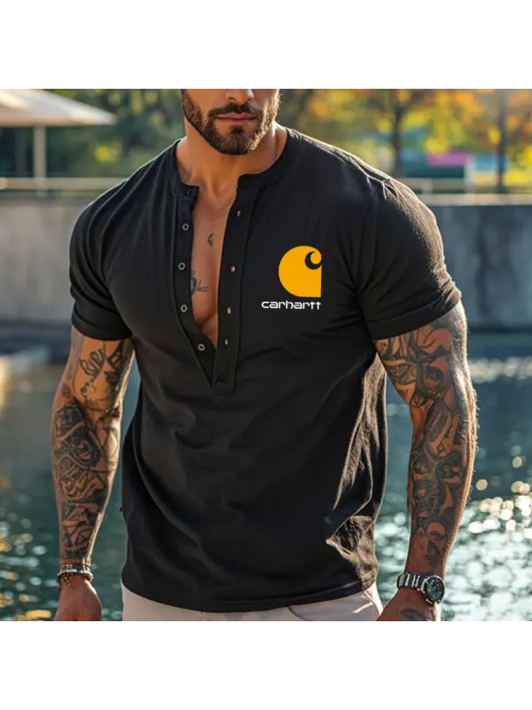 Men's Vintage Henley Graphic Logo PrintT-Shirt Black - Ootdmw.com 