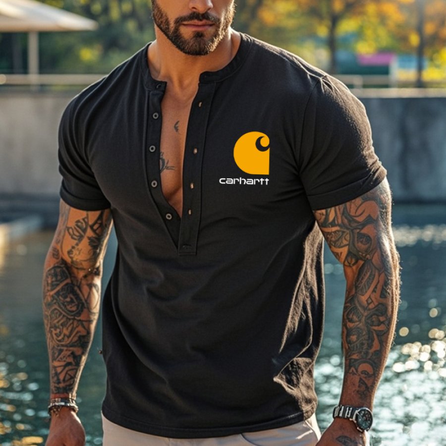 

Men's Vintage Henley Graphic Logo PrintT-Shirt Black