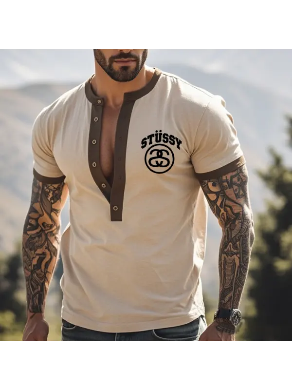 Men's Vintage Color Block Henley Graphic Print T-Shirt Khaki - Ootdmw.com 