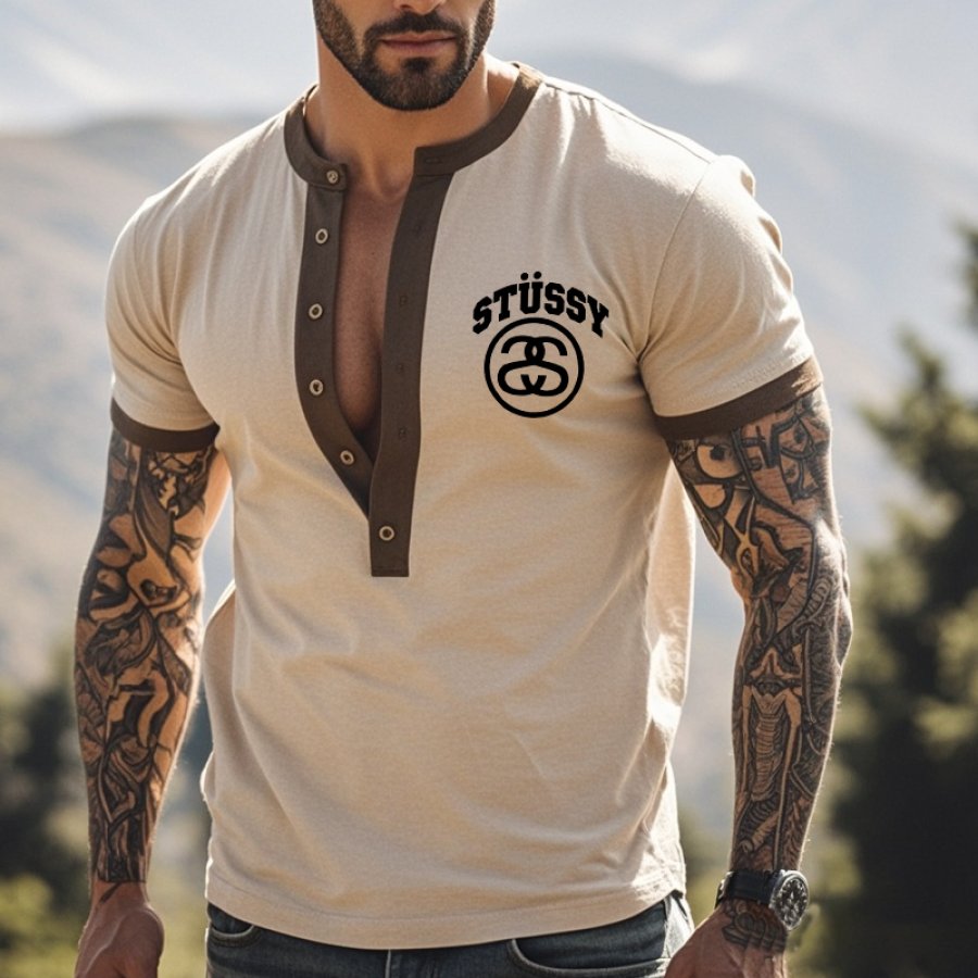 

Men's Vintage Color Block Henley Graphic Print T-Shirt Khaki
