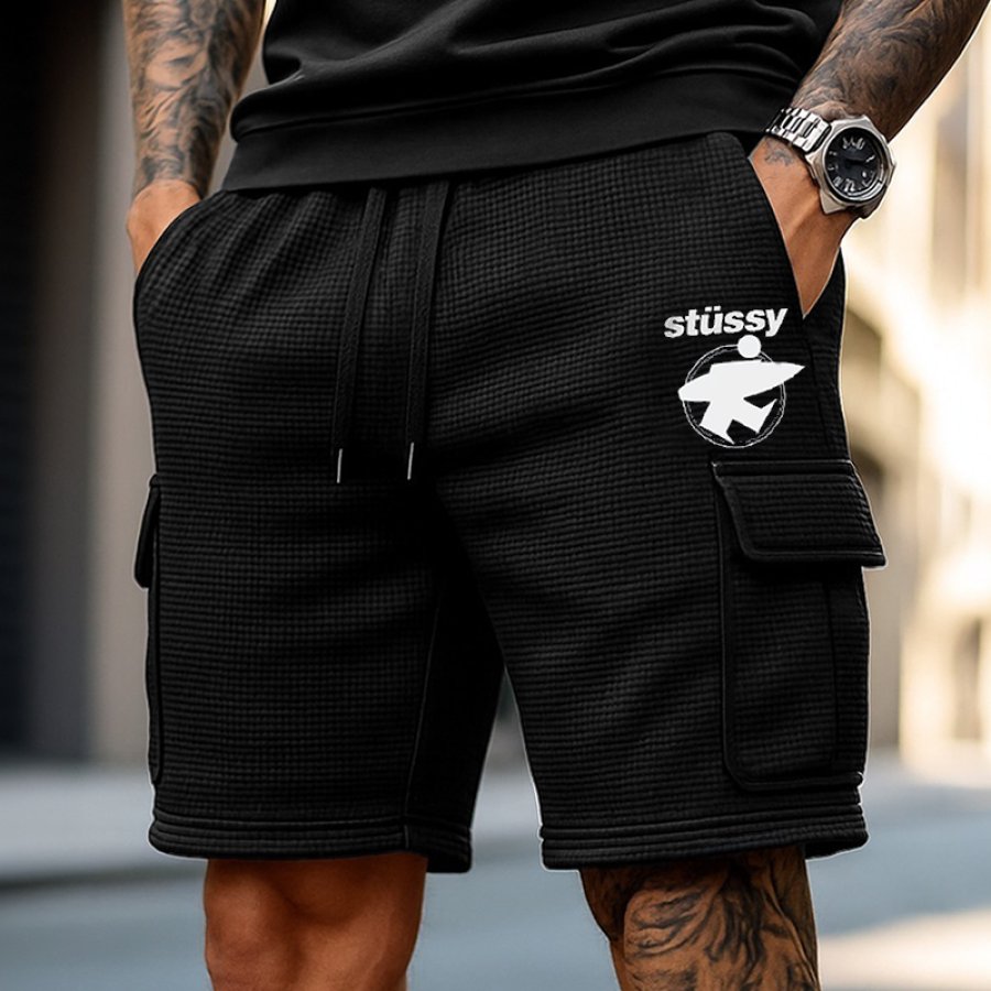 

Men's Vintage Surfwalk Print Waffle Cargo Shorts Black