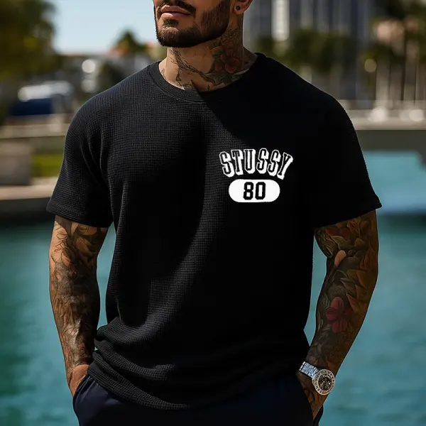 Men's Classic Waffle Surfwalk Print T-Shirt With 80 Logo Black - Wayrates.com 