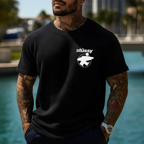 Men's Casual Waffle Surfwalk Print T-Shirt Black - Wayrates.com 