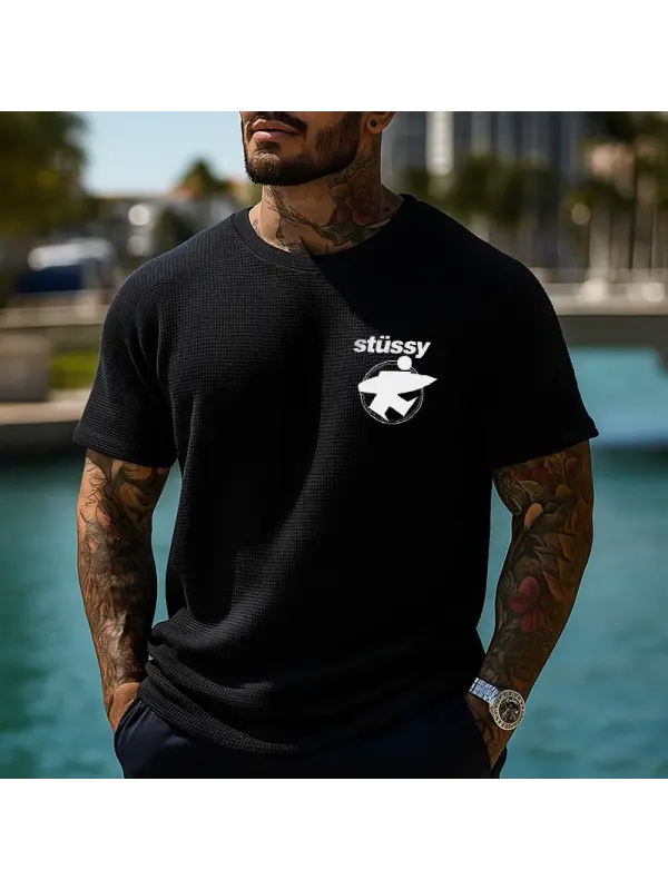 Men's Casual Waffle Surfwalk Print T-Shirt Black - Ootdmw.com 