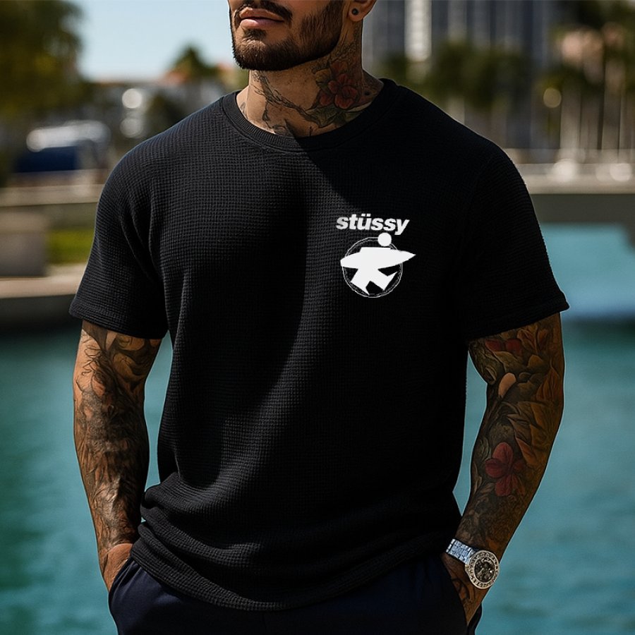 

Men's Casual Waffle Surfwalk Print T-Shirt Black
