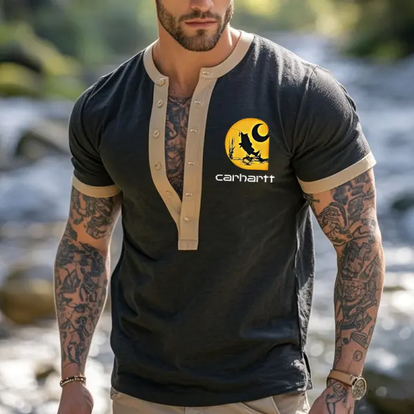 Men's Vintage Henley Color Block T-Shirt With Contrast Trim - Ootdyouth.com 