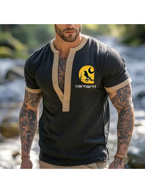Men's Vintage Henley Color Block T-Shirt With Contrast Trim - Ootdmw.com 
