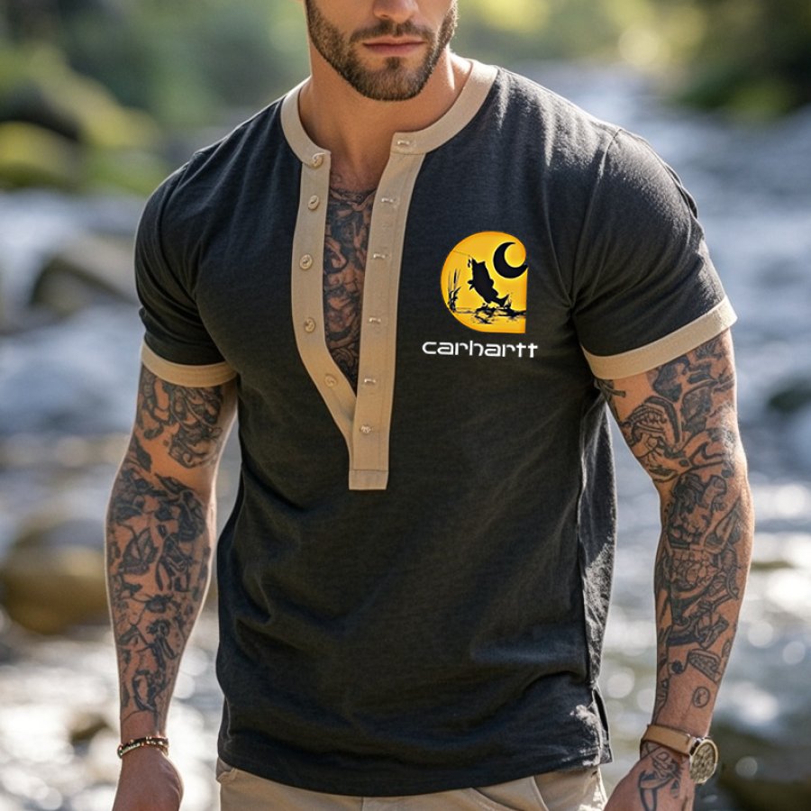 

Men's Vintage Henley Color Block T-Shirt With Contrast Trim