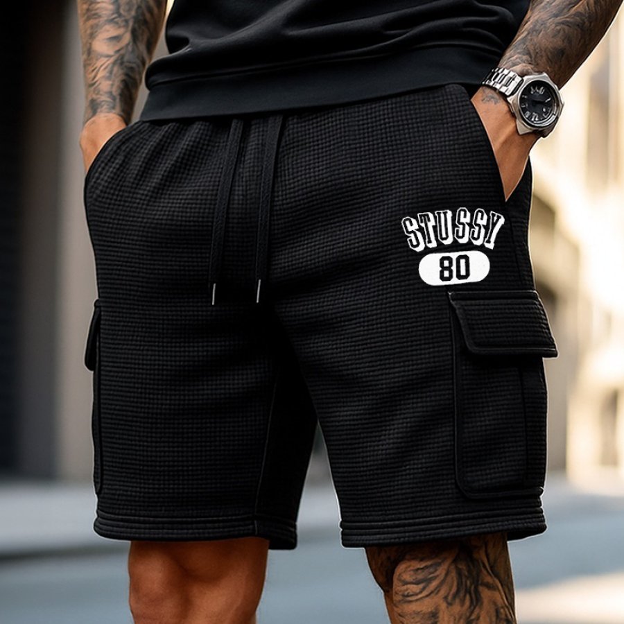 

Men's Vintage Waffle 80 Logo Print Shorts With Cargo Pockets Black