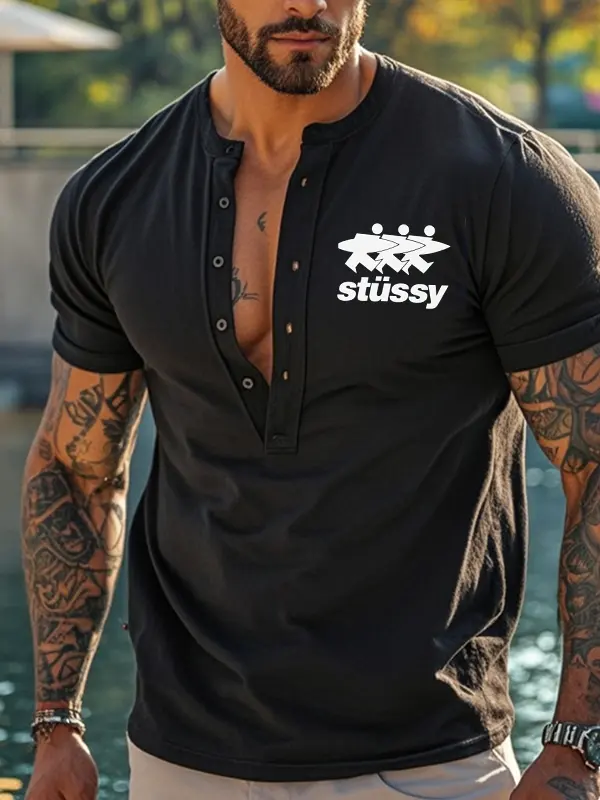 Men's Retro Henley Surfwalk Print T-Shirt Black - Menwyx.com 