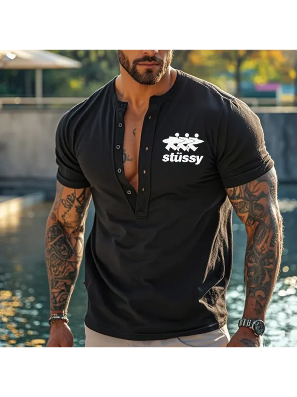 Men's Retro Henley Surfwalk Print T-Shirt Black - Ootdmw.com 
