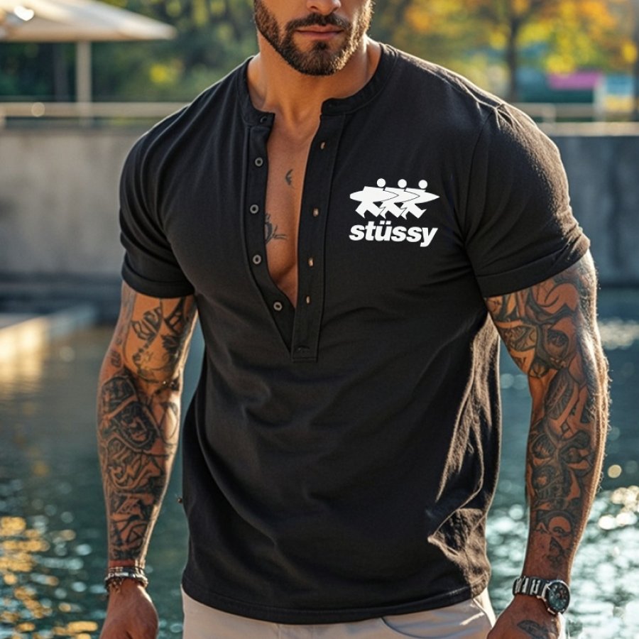 

Men's Retro Henley Surfwalk Print T-Shirt Black
