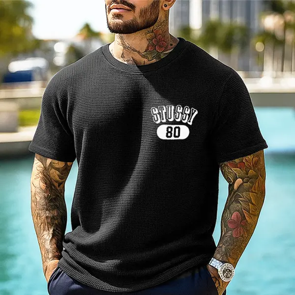 Men's Classic Waffle Surfwalk Print T-Shirt With 80 Logo Black - Rabclub.com 
