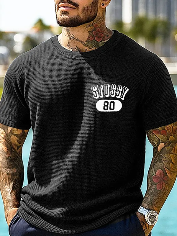 Men's Classic Waffle Surfwalk Print T-Shirt With 80 Logo Black - Menwyx.com 