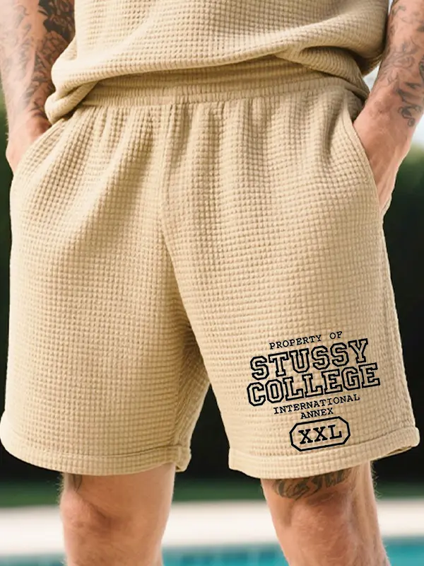 Men's Casual Surfwalk Graphic Prints Waffle Shorts Khaki - Menwyx.com 