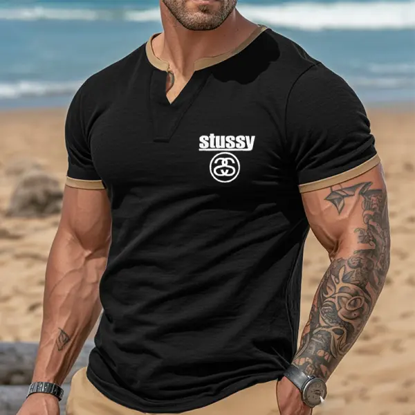 Men's Vintage V-Neck T-Shirt With Contrast Trim Black - Wayrates.com 