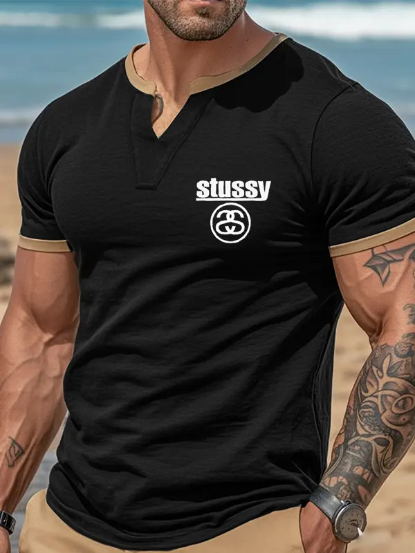 Men's Vintage V-Neck T-Shirt With Contrast Trim Black - Menwyx.com 