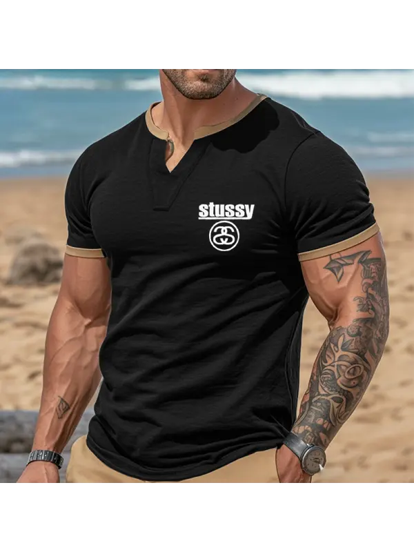 Men's Vintage V-Neck T-Shirt With Contrast Trim Black - Ootdmw.com 