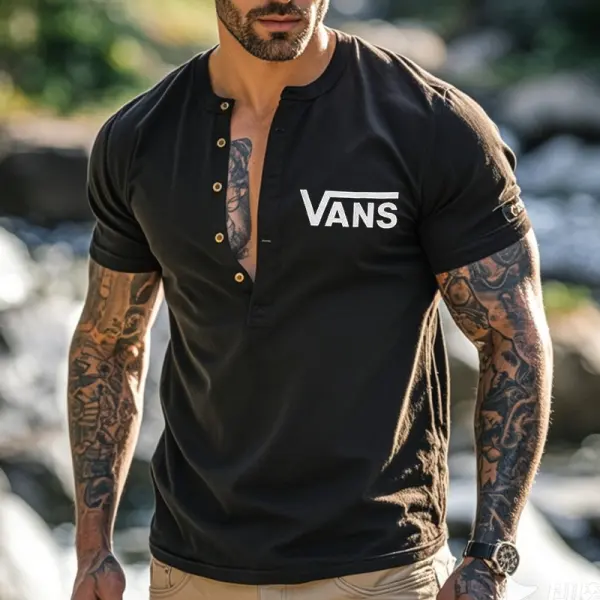 Men's Vintage Cotton Off The Wall Print Henley T-Shirt Black - Wayrates.com 