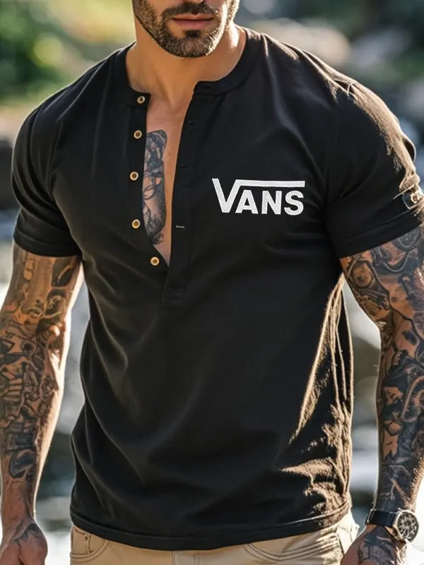 Men's Vintage Cotton Off The Wall Print Henley T-Shirt Black - Menwyx.com 