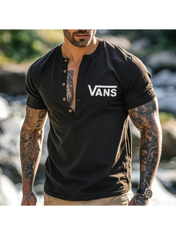 Men's Vintage Cotton Off The Wall Print Henley T-Shirt Black - Ootdmw.com 